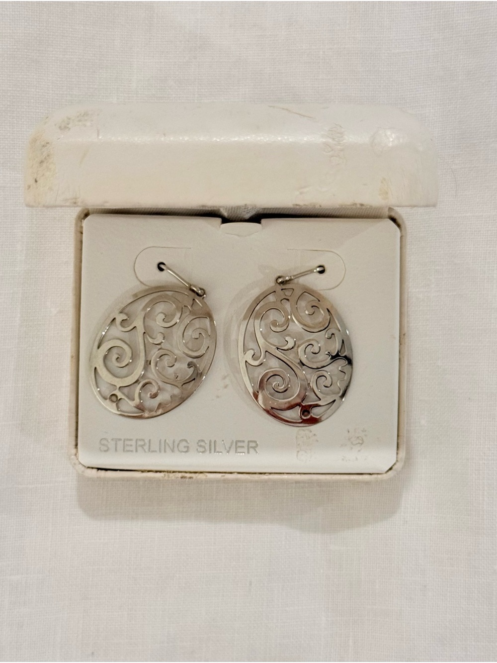 Sterling Silver Oval Filigree Drop Earrings - Swirl Motif